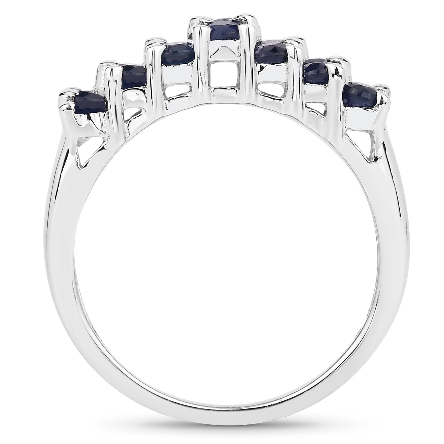 Genuine Blue Sapphire Cluster Wide Band Ring in Sterling Silver