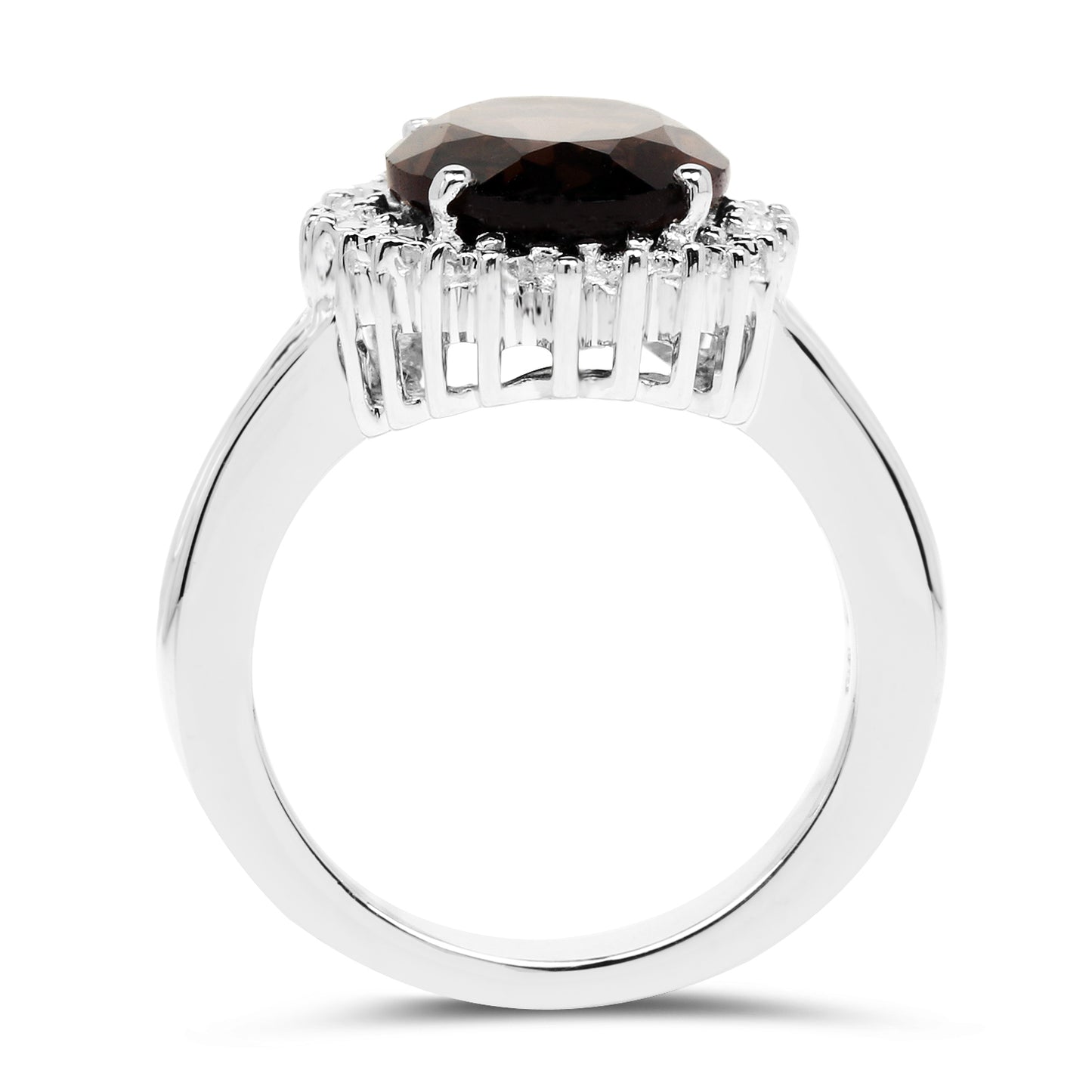 Genuine Smoky Quartz and White Diamond Halo Ring in Sterling Silver