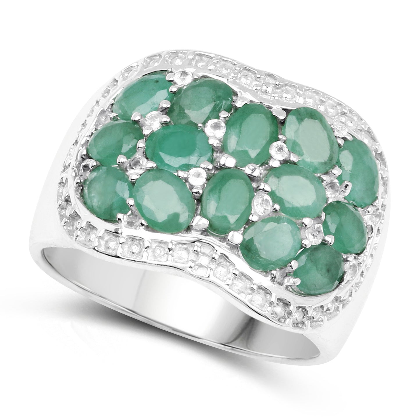 Genuine Emerald and White Topaz Sterling Silver Graduated Ring