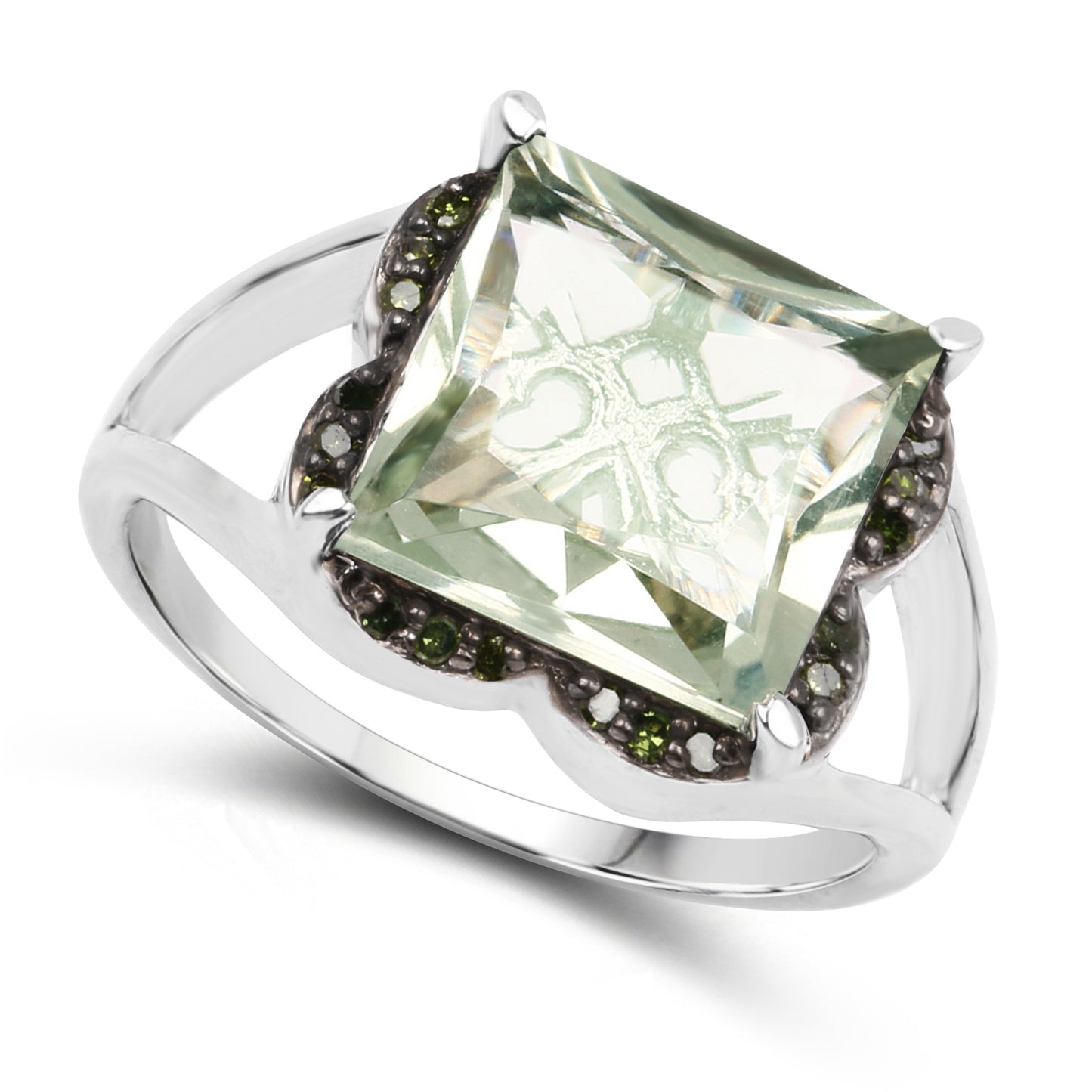 Genuine Green Amethyst and Green Diamond Sterling Silver Graduated Ring