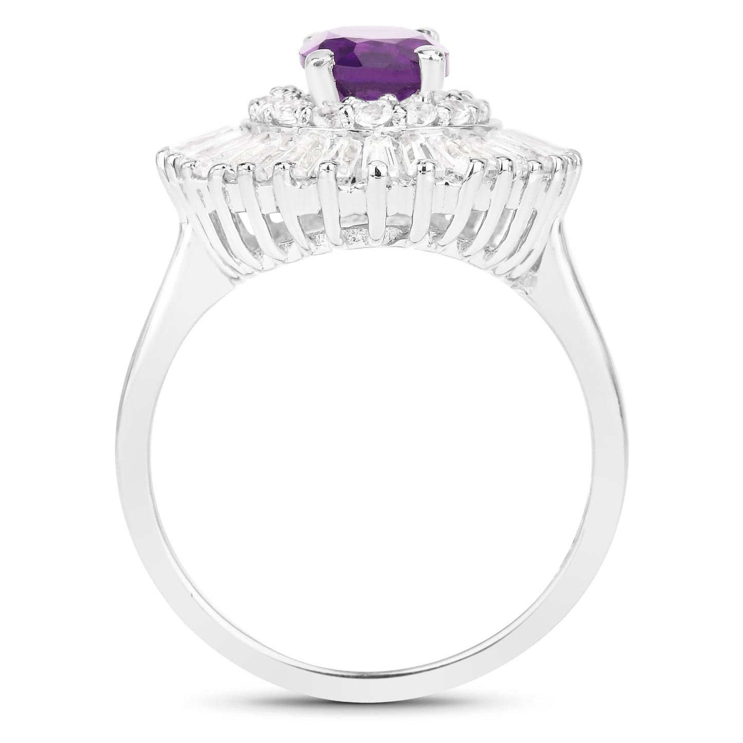 Genuine Amethyst and White Topaz Sunburst Ring in Sterling Silver
