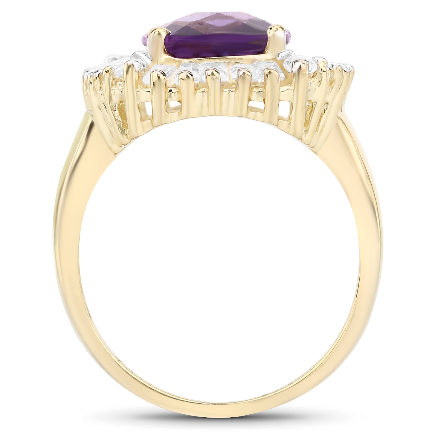 Genuine 14K Yellow Gold Plated Amethyst and White Topaz Sterling Silver Halo Ring