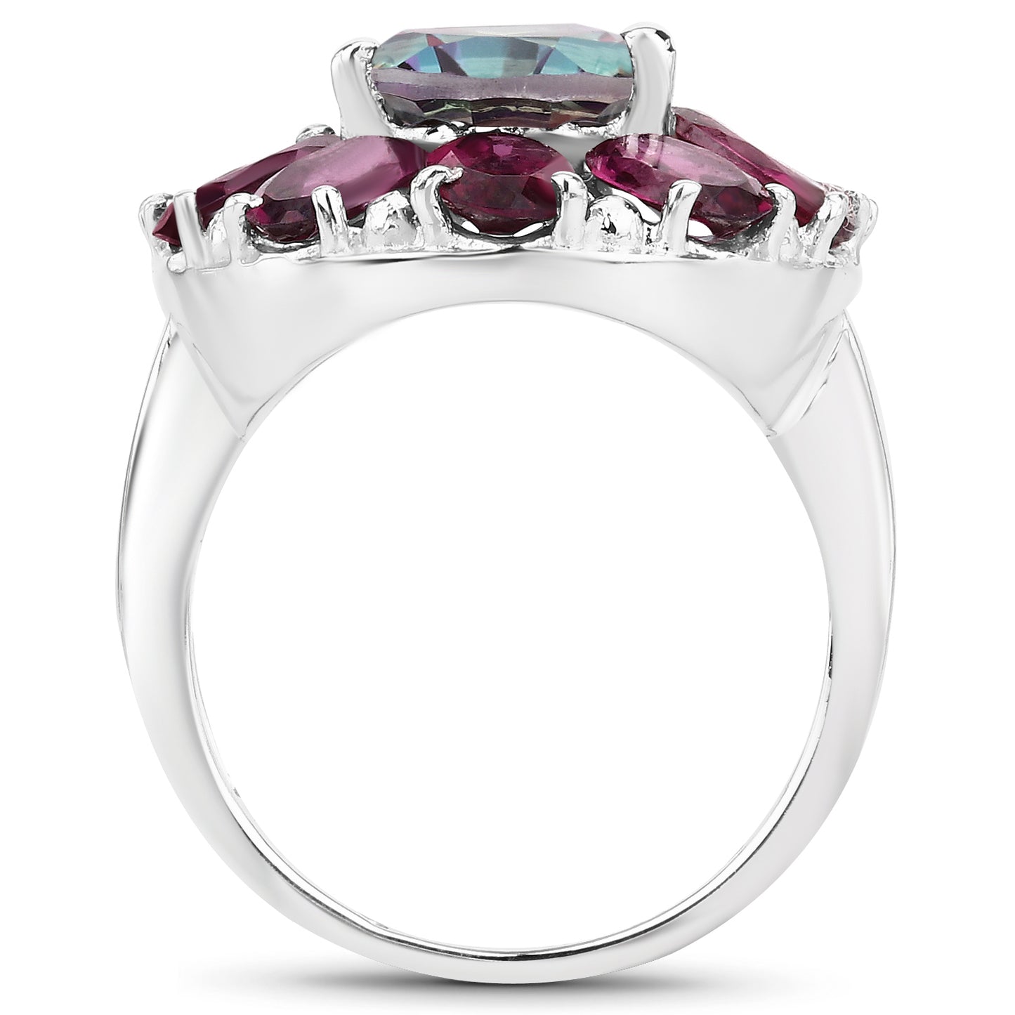 Genuine Rainbow Topaz and Rhodolite Sterling Silver Floral Ring