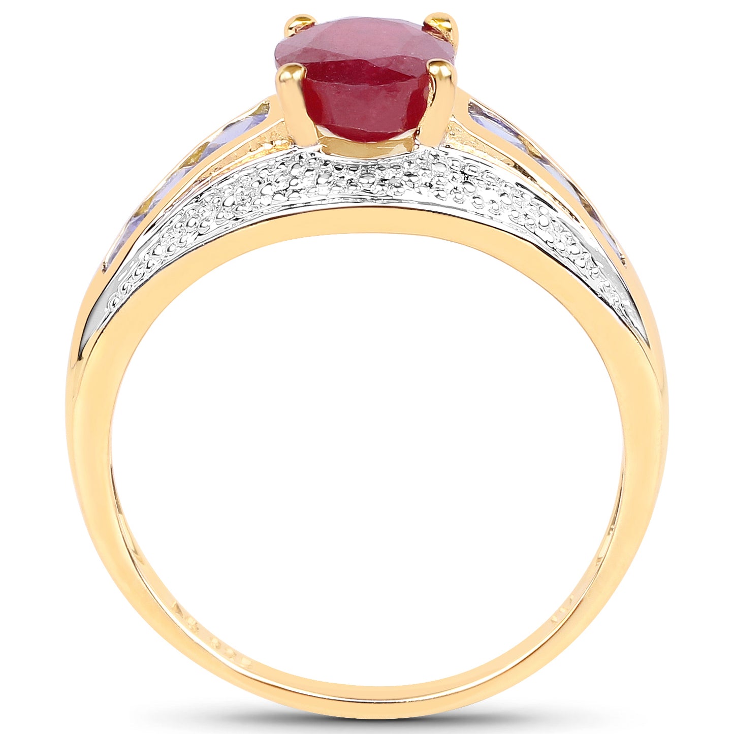 14K Yellow Gold Plated Plated Glass Filled Ruby and Tanzanite Sterling Silver Inlay Ring