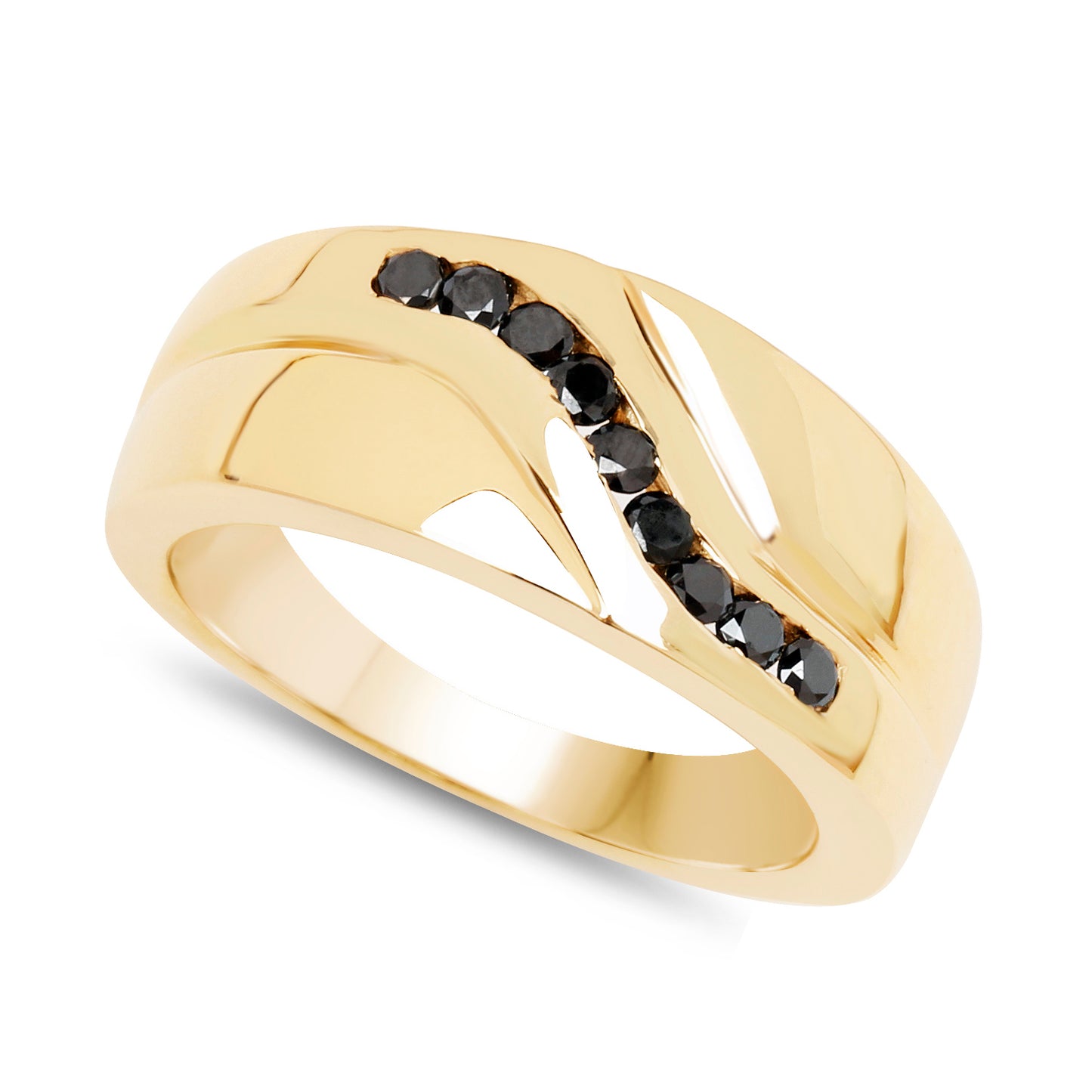 Genuine 14K Yellow Gold Plated Plated Black Diamond Sterling Silver Men's Ring