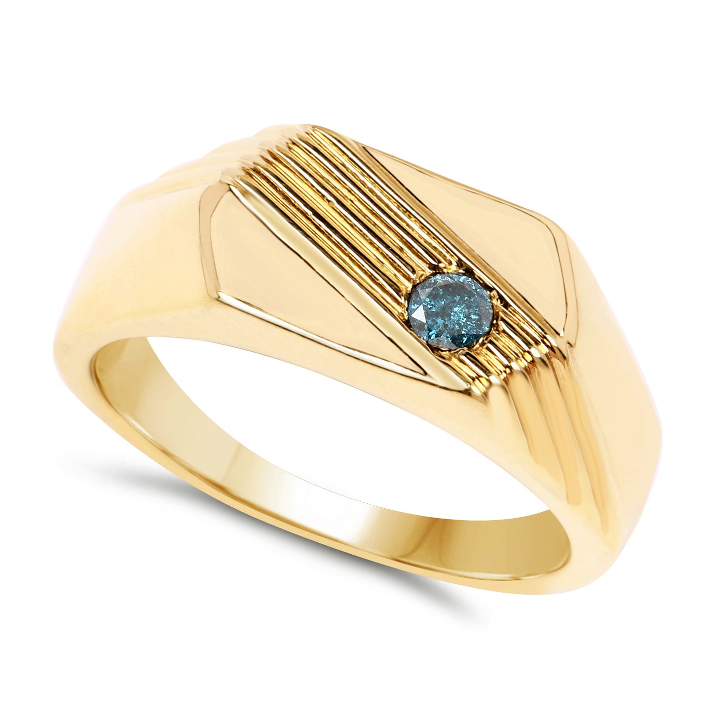 Genuine 14K Yellow Gold Plated Plated Blue Diamond Sterling Silver Men's Ring