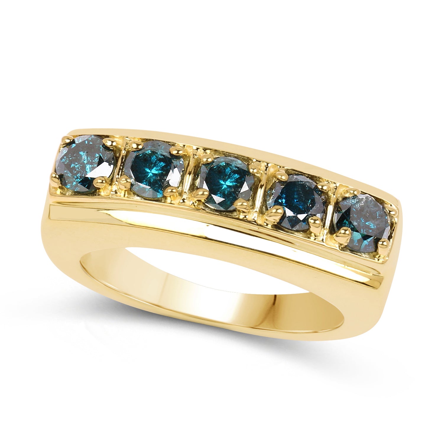 Genuine 14K Yellow Gold Plated Plated Blue Diamond Sterling Silver 5-Stone Ring for men