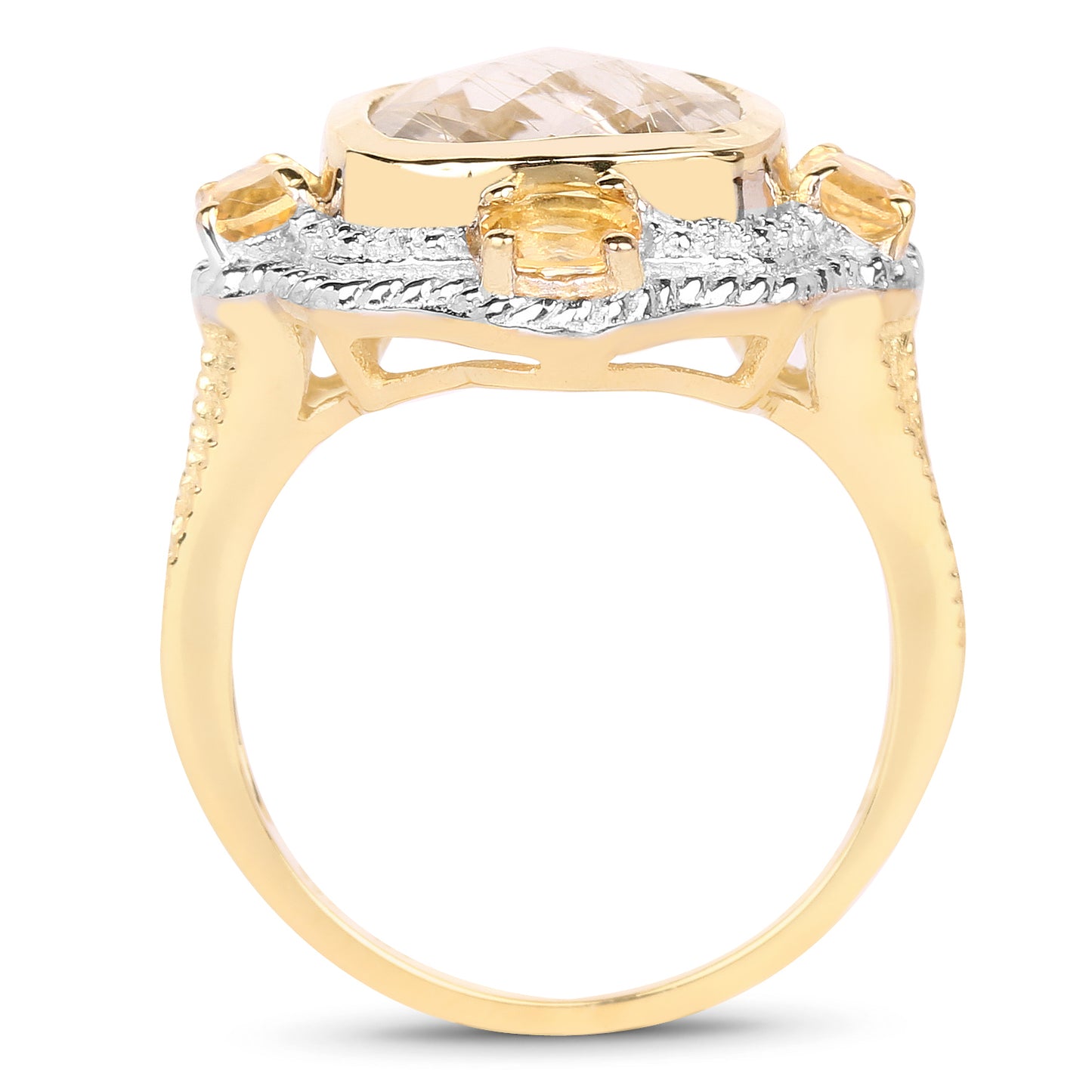 Genuine 14K Yellow Gold Plated Golden Rutile and Citrine Sterling Silver Ring