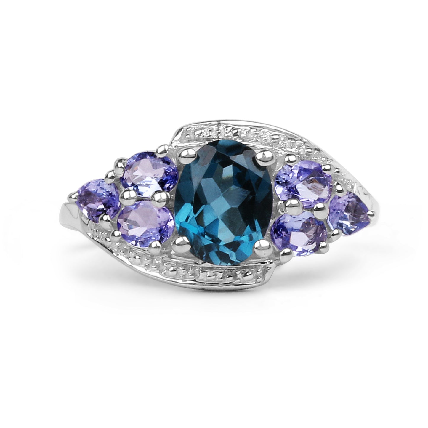 Genuine London Blue Topaz and Tanzanite Sterling Silver Graduated Ring