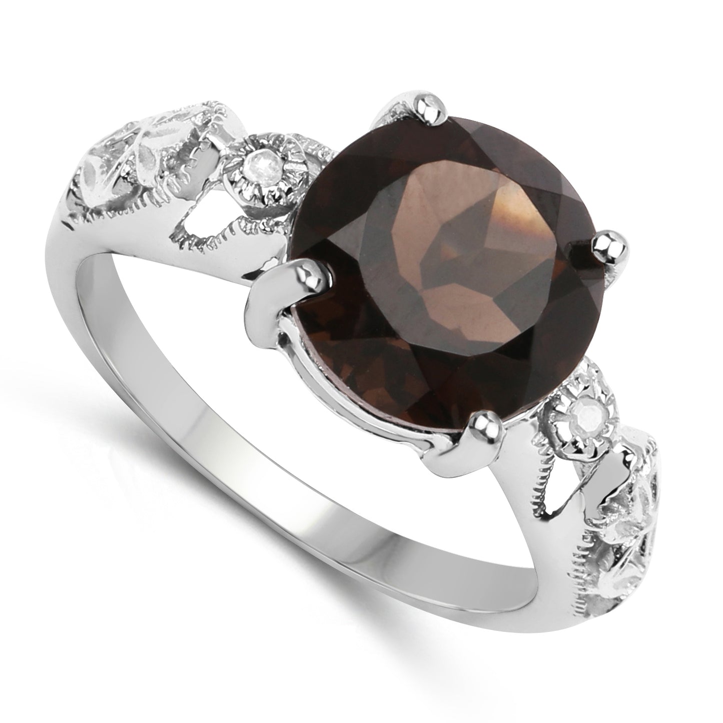 Genuine Smoky Quartz and White Diamond Sterling Silver Graduated Ring