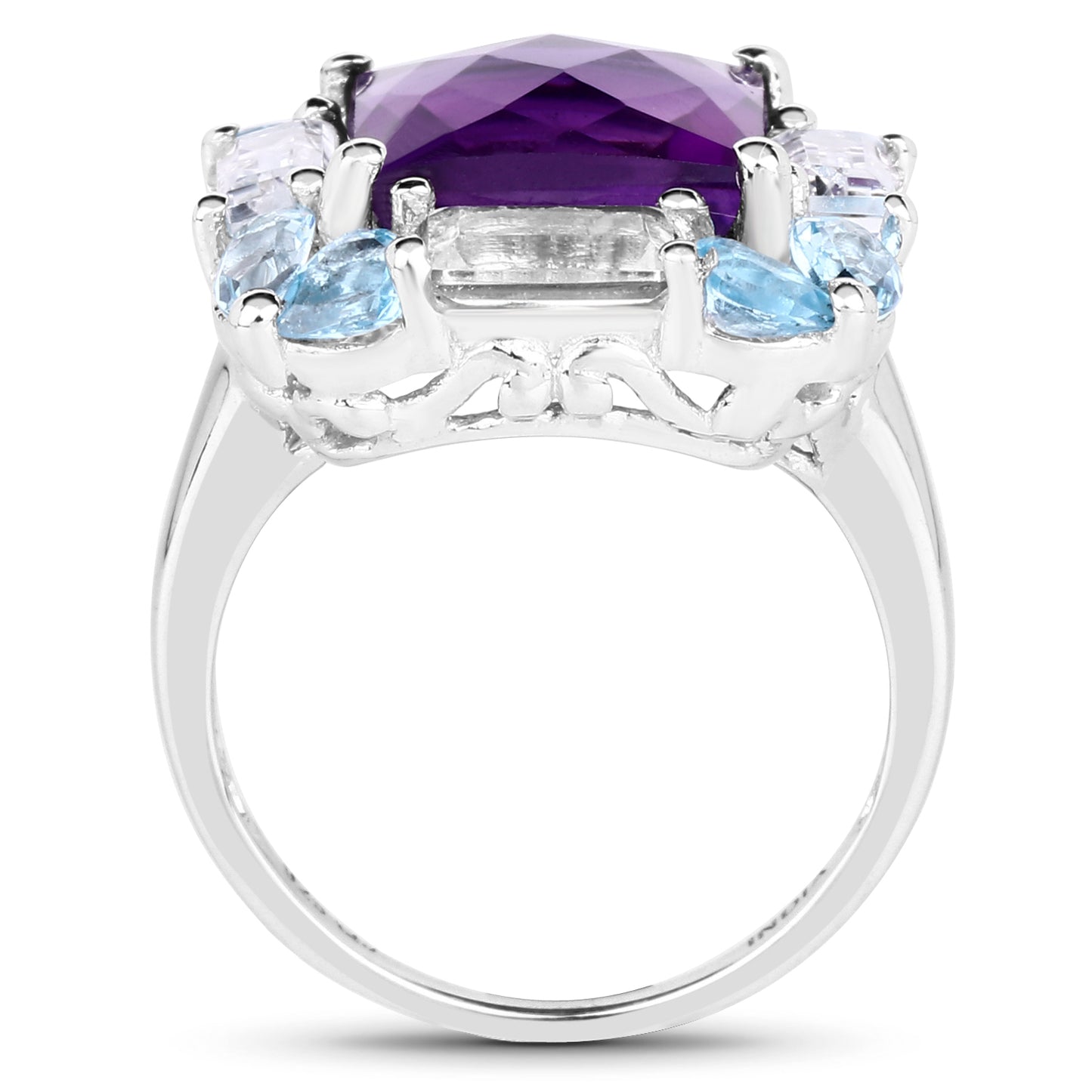 Genuine Amethyst, Swiss Blue Topaz and White Topaz  Sterling Silver Ring