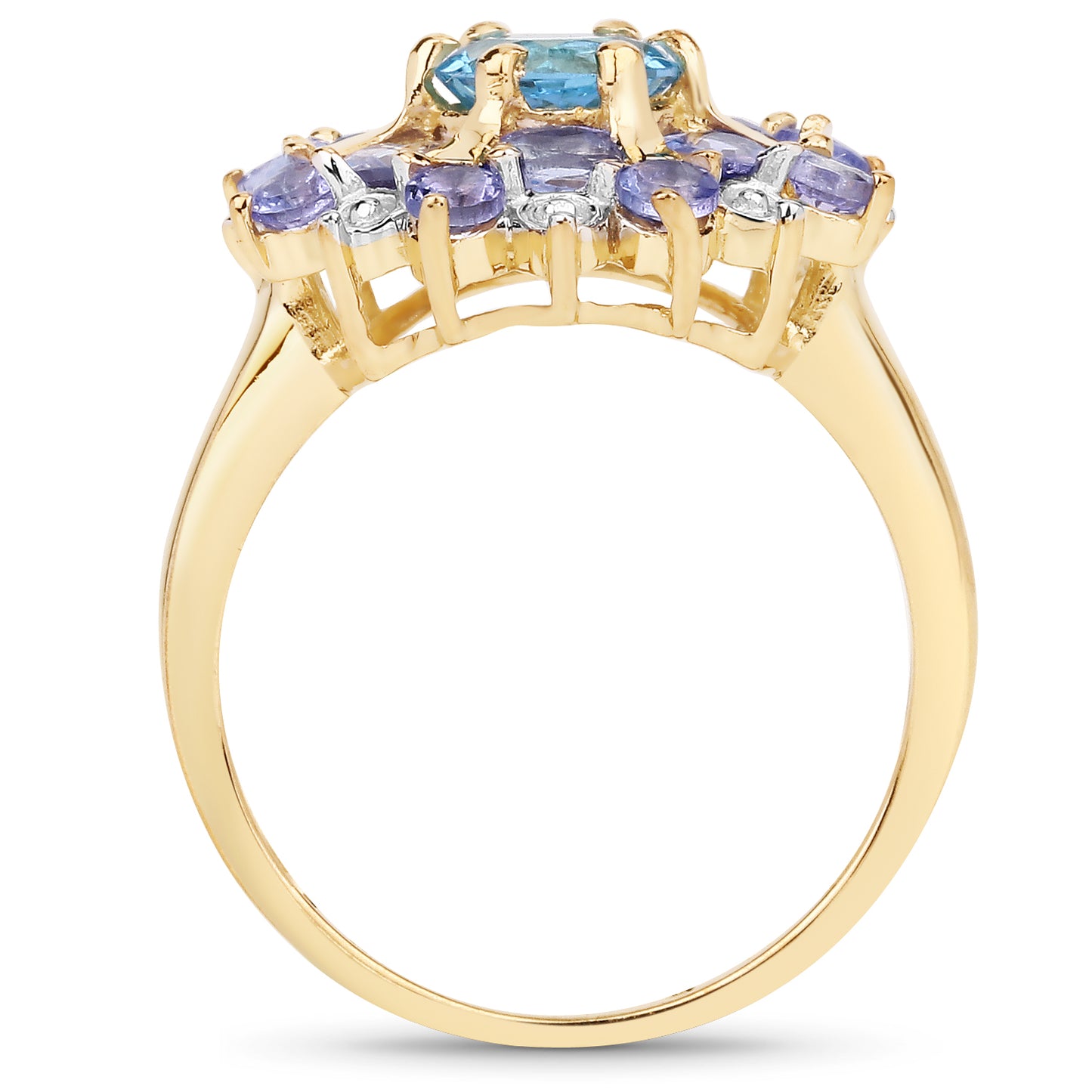 Genuine 14K Yellow Gold Plated Swiss Blue Topaz and Tanzanite Sterling Silver Ring