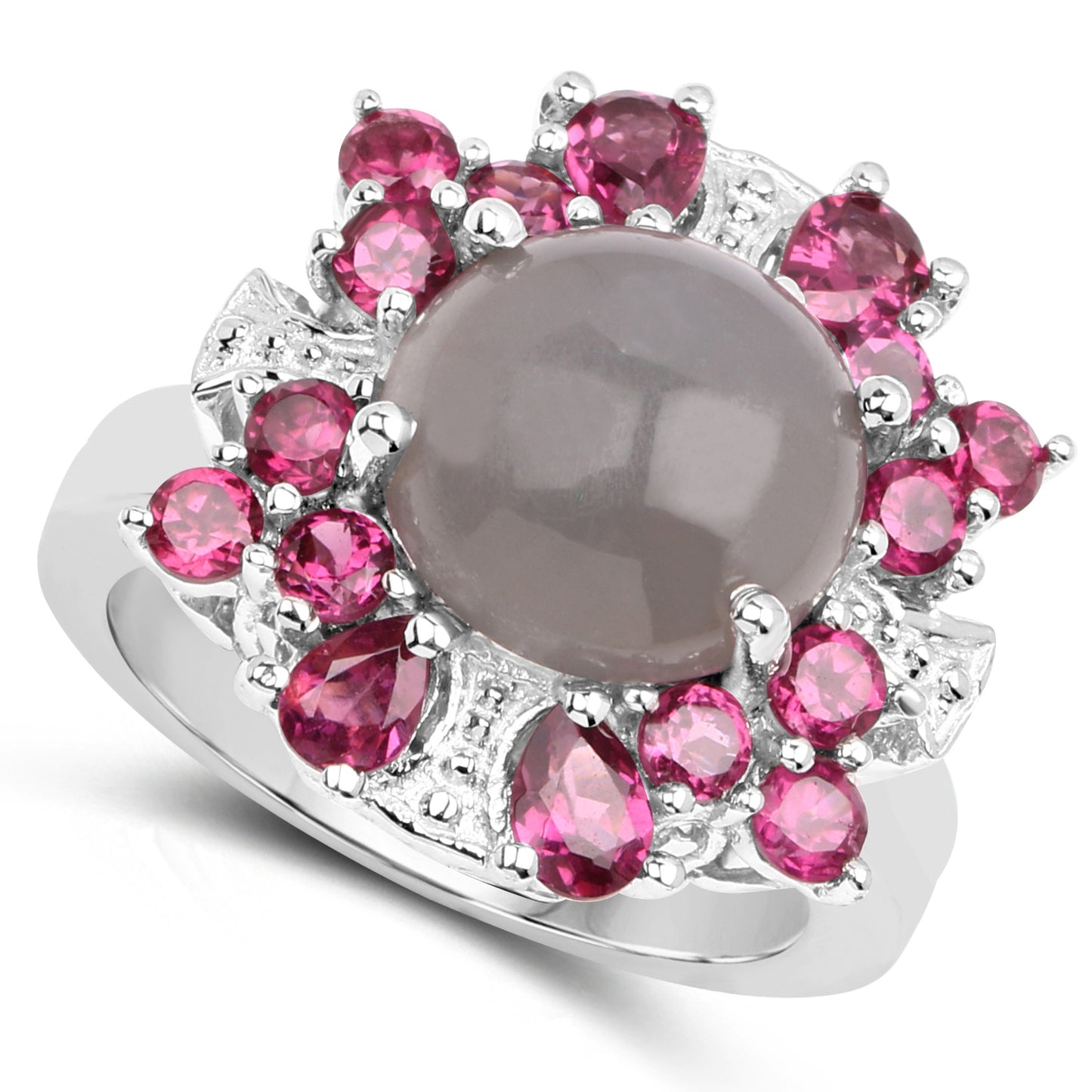 Genuine Grey Moonstone and Rhodolite Sterling Silver Graduated Ring