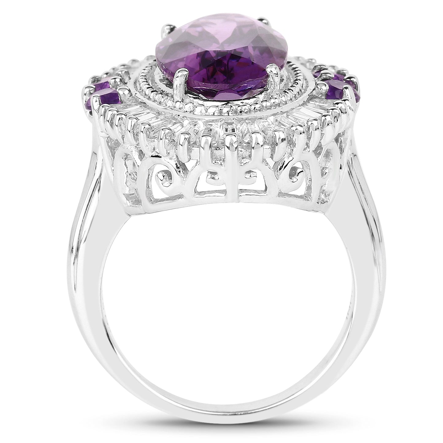 Genuine Amethyst and White Topaz Sterling Silver Graduated Ring