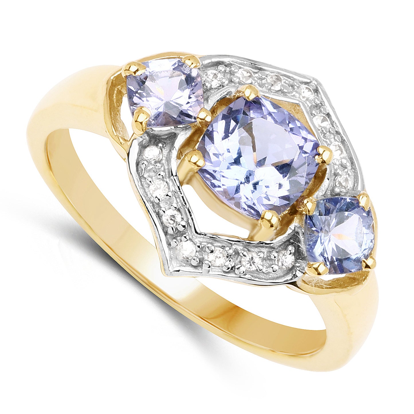 Genuine 14K Yellow Gold Plated Tanzanite and White Topaz Ring Sterlng Silver 3-Stone Ring