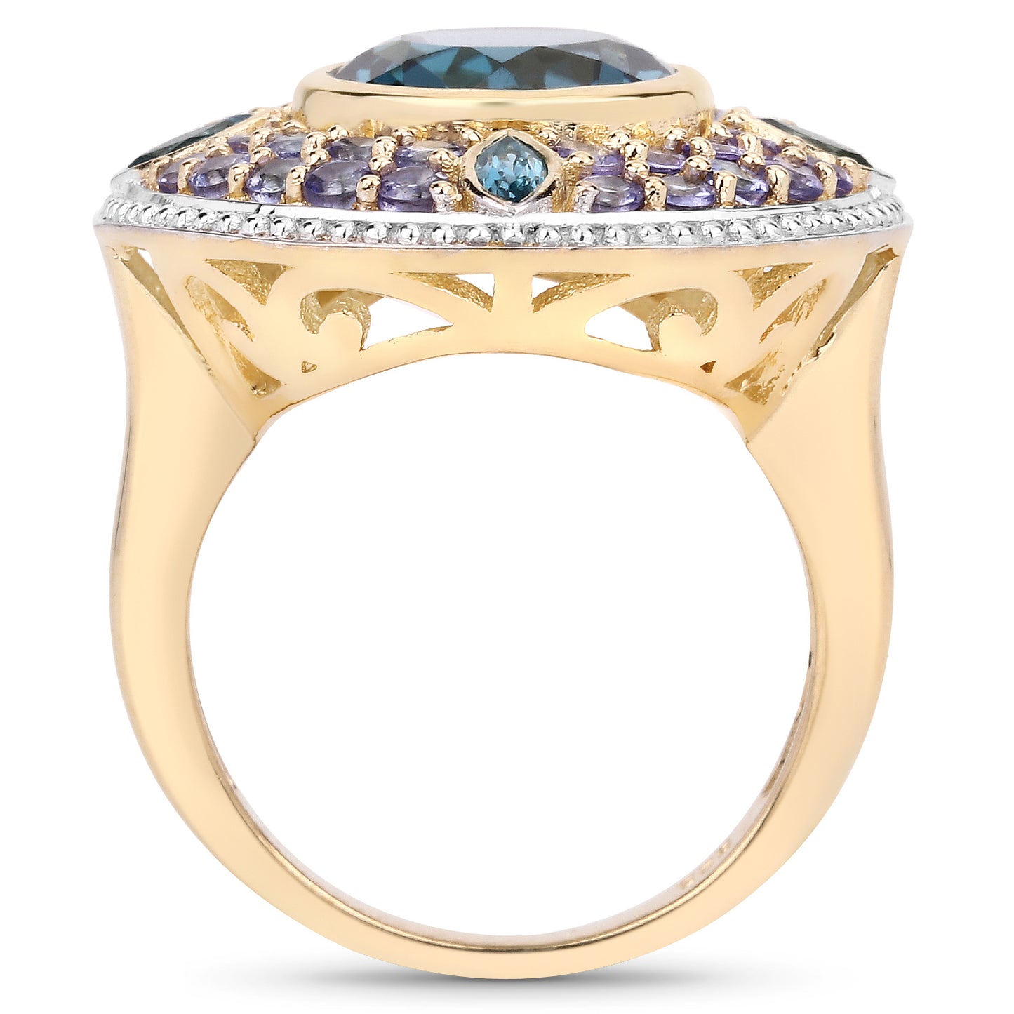 Genuine 14K Yellow Gold Plated London Blue Topaz and Tanzanite Sterling Silver Ring