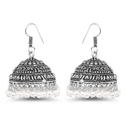 32.07 Grams White Synthetic Pearl Oxidised Earrings