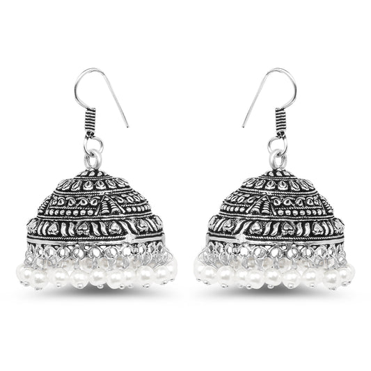 32.07 Grams White Synthetic Pearl Oxidised Earrings