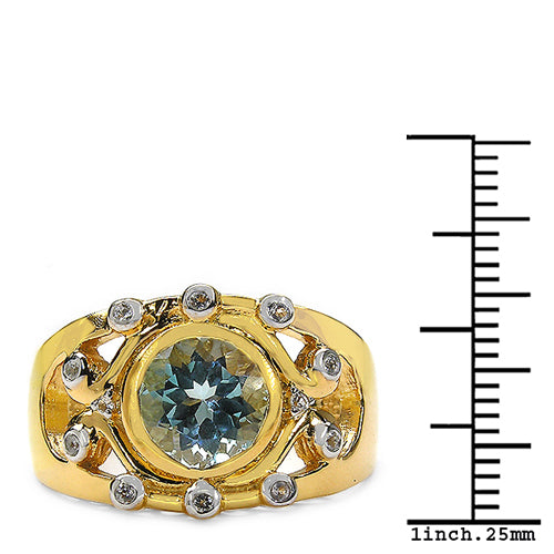 Genuine 14K Yellow Gold Plated Blue Topaz and White Topaz Sterling Silver Ring