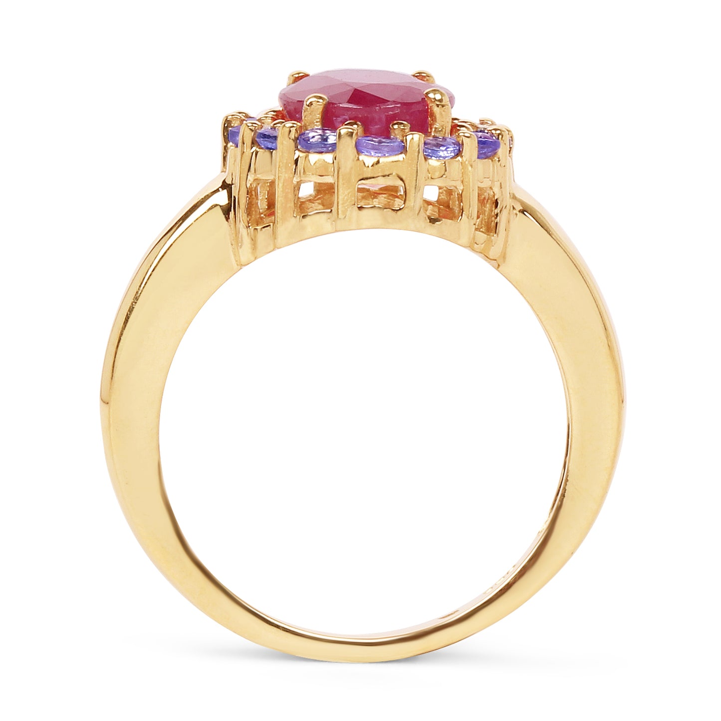 14K Yellow Gold Plated Glass Filled Ruby and Tanzanite Sterling Silver Ring