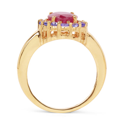 14K Yellow Gold Plated Glass Filled Ruby and Tanzanite Sterling Silver Ring