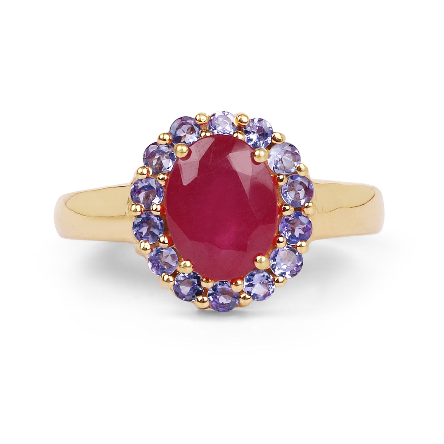 14K Yellow Gold Plated Glass Filled Ruby and Tanzanite Sterling Silver Ring