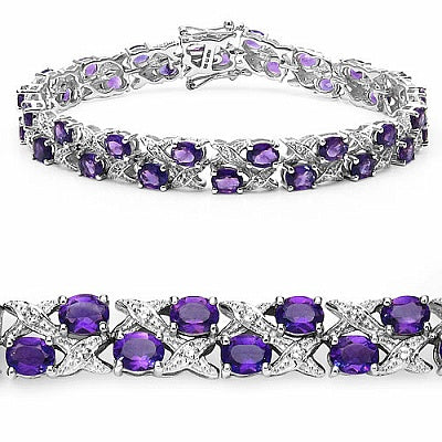 Genuine Amethyst & White Topaz Sterling Silver Tennis Bracelet
