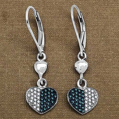 0.45CTW Genuine Blue Diamond & White Diamond .925 Sterling Silver Heart Shape Earrings