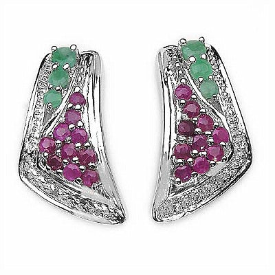 1.46CTW Genuine Emerald, Ruby & White Diamond .925 Sterling Silver Earrings