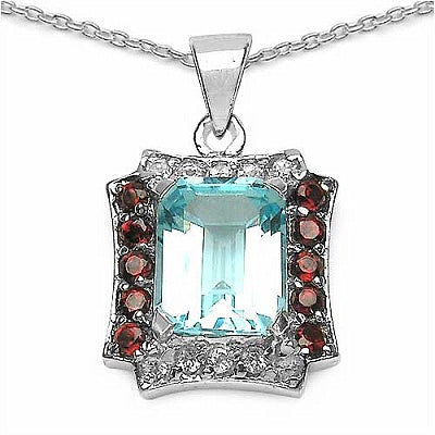 3.30CTW Genuine Blue Topaz, Garnet & White Topaz .925 Sterling Silver Pendant