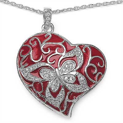 0.34CTW White Cubic Zircon .925 Sterling Silver Pendant With Red Enamel