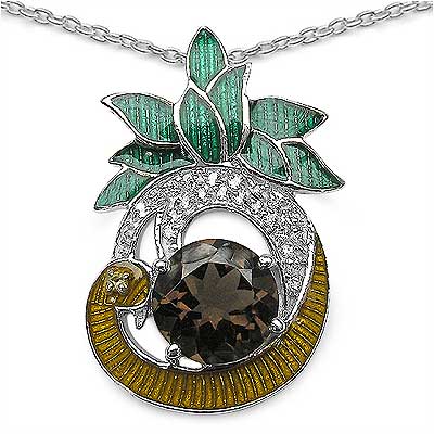 3.33CTW Smoky Topaz & White Cubic Zircon.925 Sterling Silver Pendant With Green Enamel