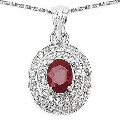 2.52CTW Genuine Glass Filled Ruby & White Topaz .925 Sterling Silver Oval Shape Pendant