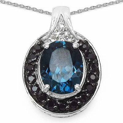 3.93CTW Genuine Blue Topaz, Black Spinel & White Topaz .925 Sterling Silver Oval Shape Pendant