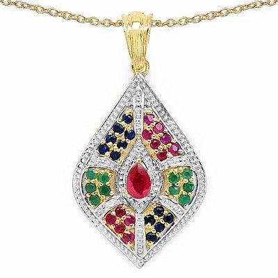 2.03CTW Genuine Multi Gemstone 14K Yellow Gold Plated .925 Sterling Silver Pendant