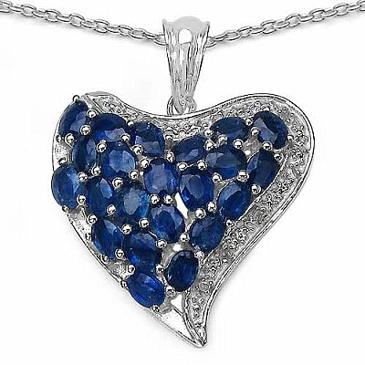 5.54CTW Genuine Blue Sapphire & White Diamond .925 Sterling Silver Heart Shape Pendant