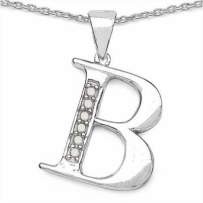 0.06CTW Genuine White Diamond Alphabet Letter B .925 Sterling Silver Pendant