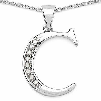 0.09CTW Genuine White Diamond Alphabet Letter C .925 Sterling Silver Pendant