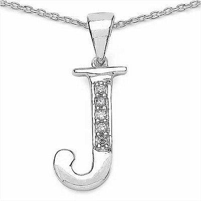 0.10CTW White Cubic Zircon Alphabet Letter J .925 Sterling Silver Pendant