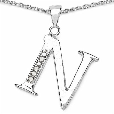 0.06CTW Genuine White Diamond Alphabet Letter N .925 Sterling Silver Pendant
