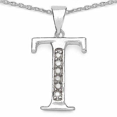 0.06CTW Genuine White Diamond Alphabet Letter T .925 Sterling Silver Pendant
