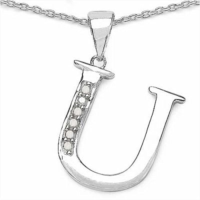 0.06CTW Genuine White Diamond Alphabet Letter U .925 Sterling Silver Pendant