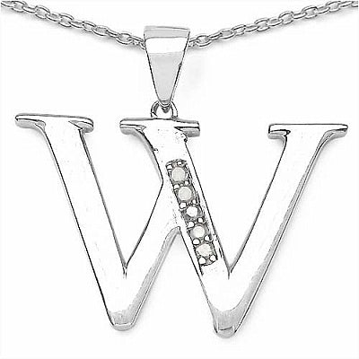 0.05CTW Genuine White Diamond Alphabet Letter W .925 Sterling Silver Pendant