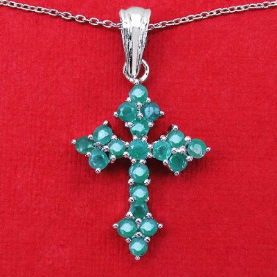 Genuine Emerald Round-Cut Gemstones Sterling Silver Cross Pendant