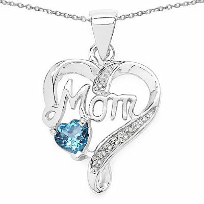 0.54CTW Genuine Swiss Blue Topaz & White Topaz .925 Sterling Silver Heart Shape Mom Pendant