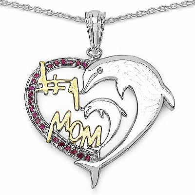 0.21CTW Genuine Created Ruby .925 Sterling Silver Two Tone Plated Heart Pendant