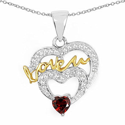 0.64CTW Genuine Garnet & White Topaz .925 Sterling Silver Two Tone Plated Heart Pendant