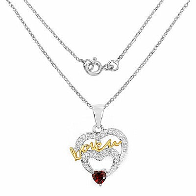 0.64CTW Genuine Garnet & White Topaz .925 Sterling Silver Two Tone Plated Heart Pendant