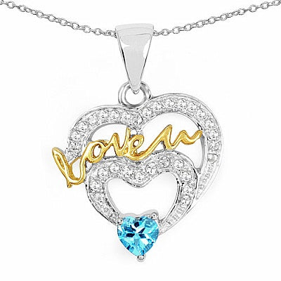 0.64CTW Genuine Swiss Blue Topaz & White Topaz .925 Sterling Silver Two Tone Plated Heart Pendant