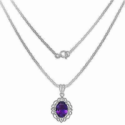 Genuine Amethyst Oval & White Topaz Accented Sterling Silver Filigree Pendant
